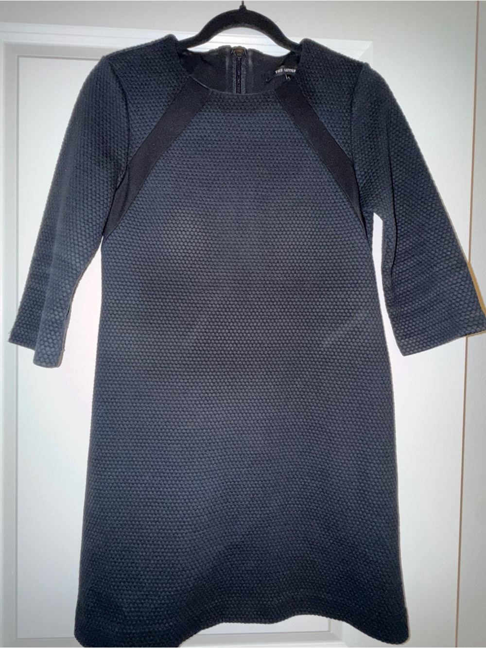 The Letter Q Navy Blue Textured Shift Dress with Contrast Black Panels